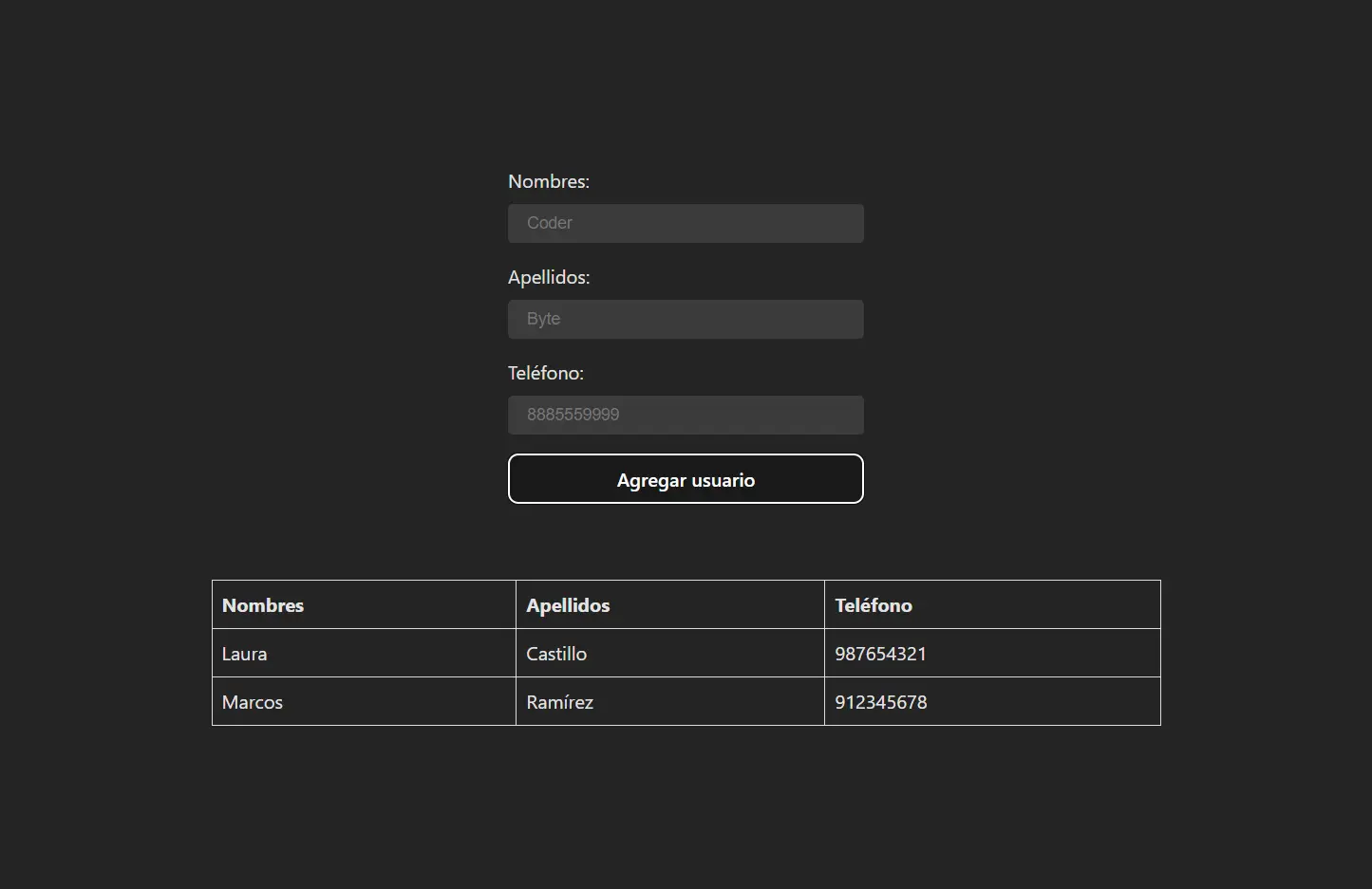 Vista previa del proyecto - Agenda telefónica en React